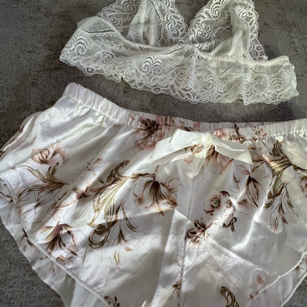 SHEIN White Lace Bralette with Floral Satin Shorts